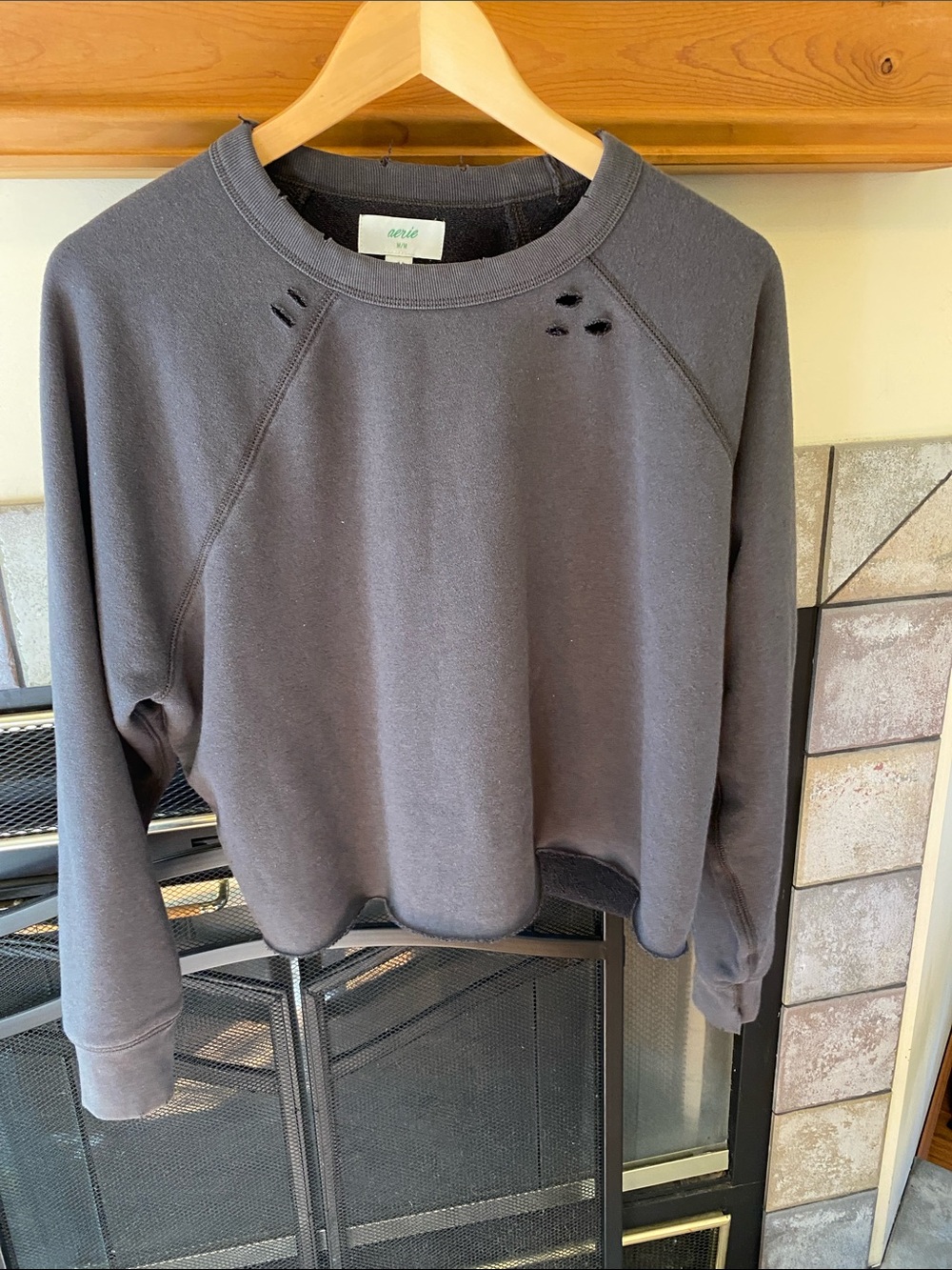 aerie Charcoal Distressed Crewneck Sweatshirt